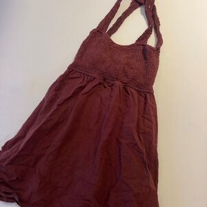 Crescent Burgundy Smocked Tie Back Mini Dress Small Wine Red Ruffle Strap Summer